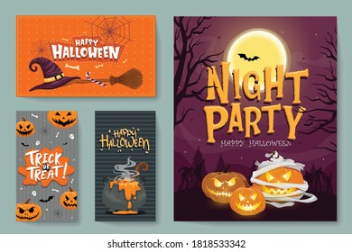 Vector set of Halloween party invitations or greeting cards with handwritten calligraphy and traditional symbols.