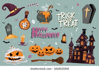 Vector set of Halloween party invitations or greeting cards with handwritten calligraphy and traditional symbols.