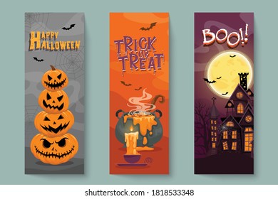 Vector set of Halloween party invitations or greeting cards with handwritten calligraphy and traditional symbols.