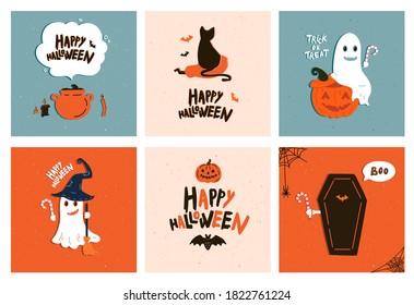Vector set of Halloween party invitations or greeting cards with handwritten calligraphy and traditional symbols. Pumpkin, ghost, cat, coffin, bat. 