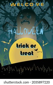 Vector set of Halloween party invitations. A set of halloween templates in social networks. Colorful banners with Halloween illustrations for instagram. Gloomy night forest with a ghost. Postcards.