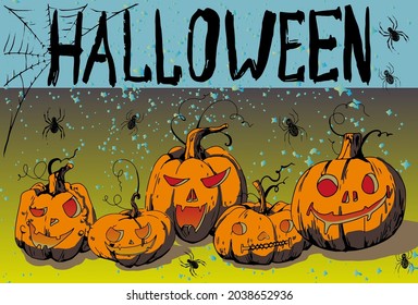 Vector set of Halloween party invitations. A set of halloween templates in social networks. Colorful banners with Halloween illustrations for instagram. A group of scary smiling pumpkins. Postcards.