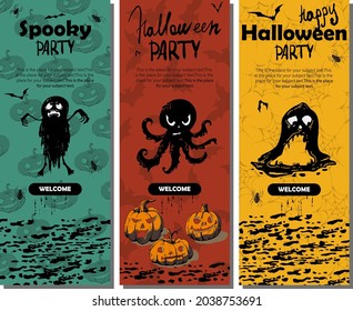 Vector set of Halloween party invitations. Set of halloween social media templates. Colorful banners with Halloween illustrations for instagram. Postcards with ghosts, hot mice and pumpkins.