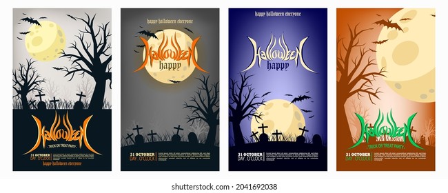 Vector set of Halloween party invitations or greeting poster with handwritten calligraphy and traditional symbols. vector card collection.