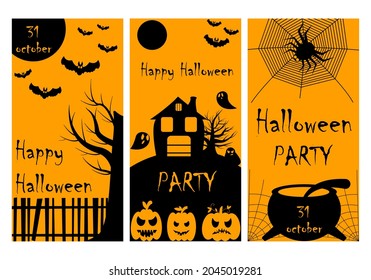 Vector set of Halloween party invitations or greeting cards with traditional symbols.