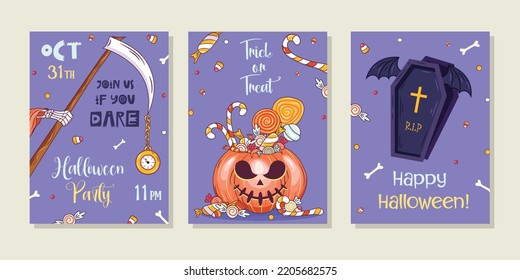 Vector set of Halloween party invitations or greeting cards.