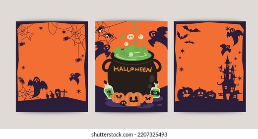 Vector set of Halloween party invitations or greeting cards with traditional symbols. Funny halloween designs.