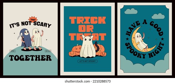 Vector set of Halloween party invitations - posters or greeting cards. Cute ghosts in retro cartoon style isolated.
