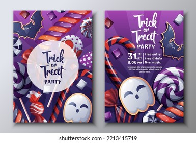 Vector set of Halloween party invitations or greeting cards with candies, lollipops.Ghost and Bat Cookies