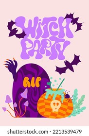 Juego de vectores de invitaciones de fiesta de Halloween o tarjetas de felicitación con caligrafía escrita a mano y símbolos tradicionales. Ilustración del vector