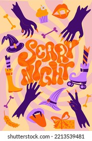 Juego de vectores de invitaciones de fiesta de Halloween o tarjetas de felicitación con caligrafía escrita a mano y símbolos tradicionales. Ilustración del vector