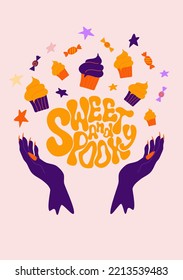 Vector set of Halloween party invitations or greeting cards with handwritten calligraphy and traditional symbols. Vector illustration