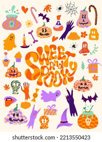 Vector set of Halloween party invitations or greeting cards with handwritten calligraphy and traditional symbols. Vector illustration