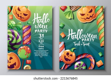 Vector set of Halloween party invitations or greeting cards with candy, pumpkin cookies