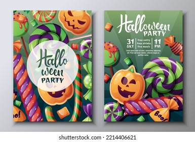 Juego de vectores de invitaciones de la fiesta de Halloween o tarjetas de saludo con dulces, galletas de calabaza