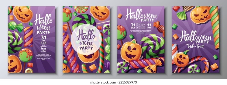 Vector set of halloween party invitations or greeting cards with horrible sweets, candies, lollipops