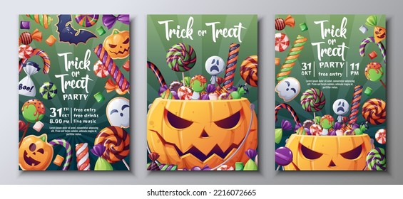 Vector set of Halloween party invitations or greeting cards with pumpkin and horrible sweets, candies, lollipops. Trick or Treat