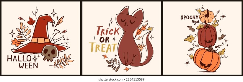 Vector set of Halloween party invitations, poster design or greeting cards. Set with cutest pumpkins, witch hat, cat and autumn leaves. Calligraphy text and traditional symbols. vector illustration