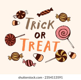 Vector set of Halloween party invitations, poster design or greeting cards. Set with cutest pumpkins candy, lollipops. Trick or treat calligraphy text and traditional symbols. Vector illustration