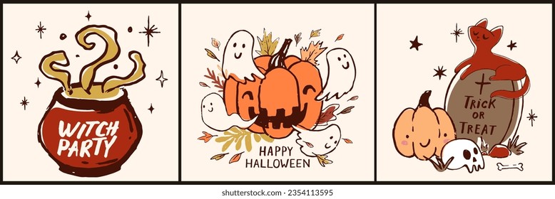 Vector set of Halloween party invitations, poster design or greeting cards. Set with pumpkins, a cat on the grave, a cauldron of witches potion. Hand calligraphy traditional text. Vector illustration