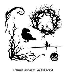 Vektorset von Halloween-Partyeinladungen. Sammlung von Halloween-Silhouetten