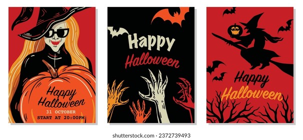 Vector set of Halloween party invitations or banners, posters, flyers, cards. Vector illustration. Witch, Pumpkin, Ghost, Spooky cartoon Vector Illustrations. 