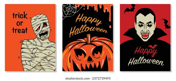 Vector set of Halloween party invitations or banners, posters, flyers, cards. Vector illustration. Mummy, Pumpkin, Dracula, Spooky cartoon Vector Illustrations. 