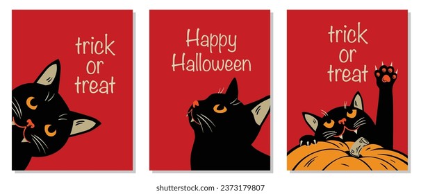 Vector set of Halloween party invitations or banners, posters, flyers, cards. Vector illustration. Pumpkin, Black cat. Vector Illustrations. 