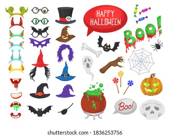 Conjunto de vectores de accesorios y máscaras de la cabina de fotos de la fiesta de halloween. stickers de Halloween. Iconos muestran la ilustración. Calabaza, sombreros, monstruo, cráneo, elementos de disfraces de vacaciones.