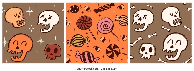 Vector set of Halloween party seamless pattern Candies, haloween sweets and skulls. Traditional symbols. Vector illustration. Seasonal wallpaper motif. Celebration design