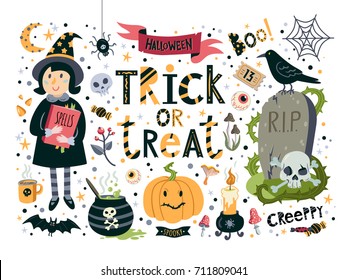 Vector set for Halloween. Perfect for greeting cards, postcards, t-shirt design and other.