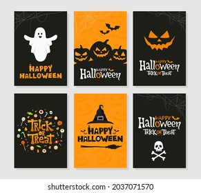 Vector set of Halloween poster designs. Holidays greeting cards or party invitations. Trick or Treat. Poster templates and handwritten lettering.