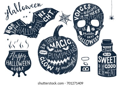 Vector set of Halloween posters with lettering. Hand drawn holiday design.