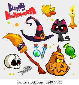 Vector set Halloween pumpkin   attributes icons  Witch cat  pumpkin head  skull  witch hat  poison bottle  broomstick  leaves  big candy  candle   fish skeleton  