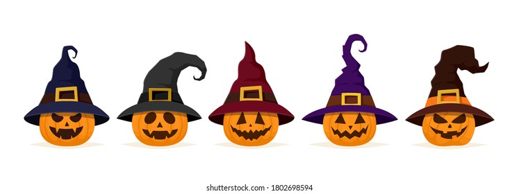 Vector set of halloween pumpkin in witch's hat. Happy and scary pumpkin face isolated on white background.