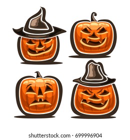 Vector set of Halloween Pumpkins: 4 orange Jack-o-Lantern with different characters in hats, icons of halloween symbols with evil smile and fright emotion, fear halloween pumpkin lantern jack on white