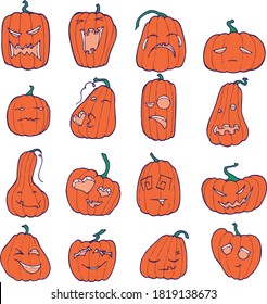 Vector set of halloween pumpkins with different facial expressions. Sutable for stickers, invitations, promotions, posters and banners.