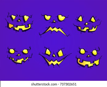 Vector set of  Halloween Pumpkins faces with different emotions on violet background. Isolated.
