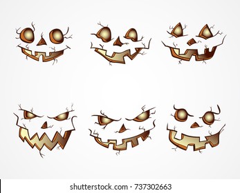 Vector set of  Halloween Pumpkins faces with different emotions on light background. Isolated.