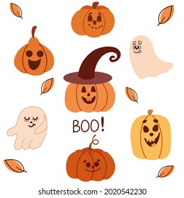 Vector set of Halloween pumpkins and funny ghosts. 