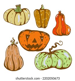 Vector set of Halloween pumpkins. Hand drawn sketches.