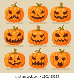 Vector set of Halloween pumpkins with Jack-O`-Lantern face in cartoon style. The main symbol of the Happy Halloween holiday.