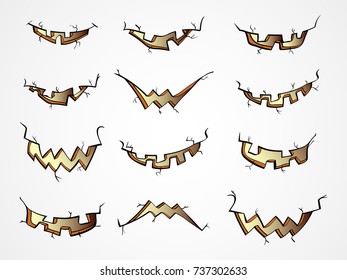 Vector set of  Halloween Pumpkins mouths with different emotions on light background. Isolated.