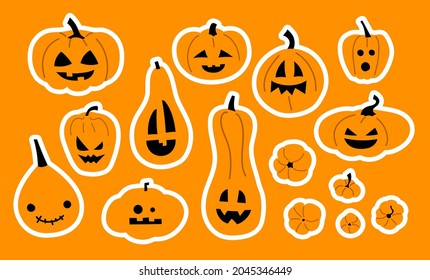 Vector set of Halloween pumpkins. Sticker pack. Isolated vector pumpkin illustrations. Jack O Lantern. Stickers