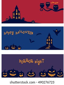 Vector set of Halloween  ribbon banners. Hand drawn cartoon design templates. Illustrations with halloween symbols. Owls, pumpkins, ghost house, bats. Clip art for design.