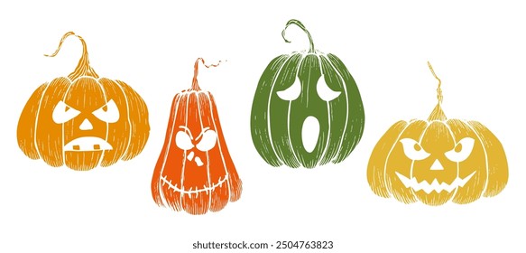 Conjunto de Vector con calabaza verde con ojos de color naranja aterrador de Halloween. Ilustración lineal pintada a mano. Arte monocromático gráfico para el tatuaje, pintura mágica de la mano para el día de fiesta, horror. Aislado sobre fondo.