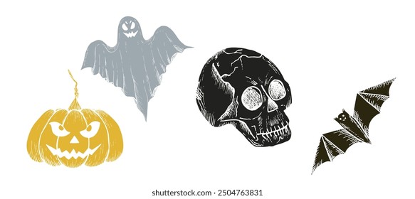 Conjunto de Vector con calabaza naranja aterradora de Halloween con ojos, fantasma, murciélago, cráneo humano. Ilustración lineal pintada a mano. Arte monocromático gráfico para el tatuaje, pintura mágica de la mano para el día de fiesta, horror. Isola