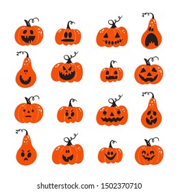 Vector set of Halloween scary pumpkins. Spooky creepy pumpkins in hand drewn style