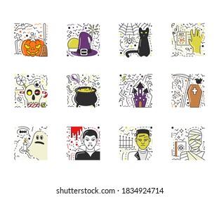 Vector set of halloween scenes in flat line style. Modern icons of pumpkin, witch hat, cat, zombie hand, skull, cauldron, coffin, ghost, vampire, frankenstein and mummy. Stickers collection isolated