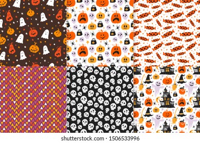 Vector set of Halloween seamless pattern with pumpkin, ghost, candy, skull, old house.  Hand drawn pattern for Halloween design Perfect for decoration, wrapping papers, greeting cards, background